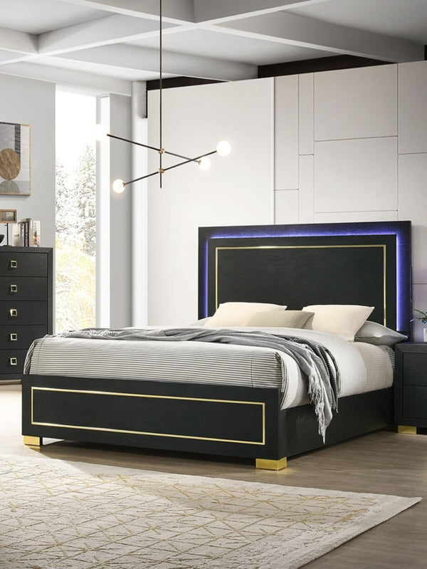 English Elm Contemporary Queen Bedroom Set Matte Black Wood Gold Legs Led Headboard Nightstands B2741S00157