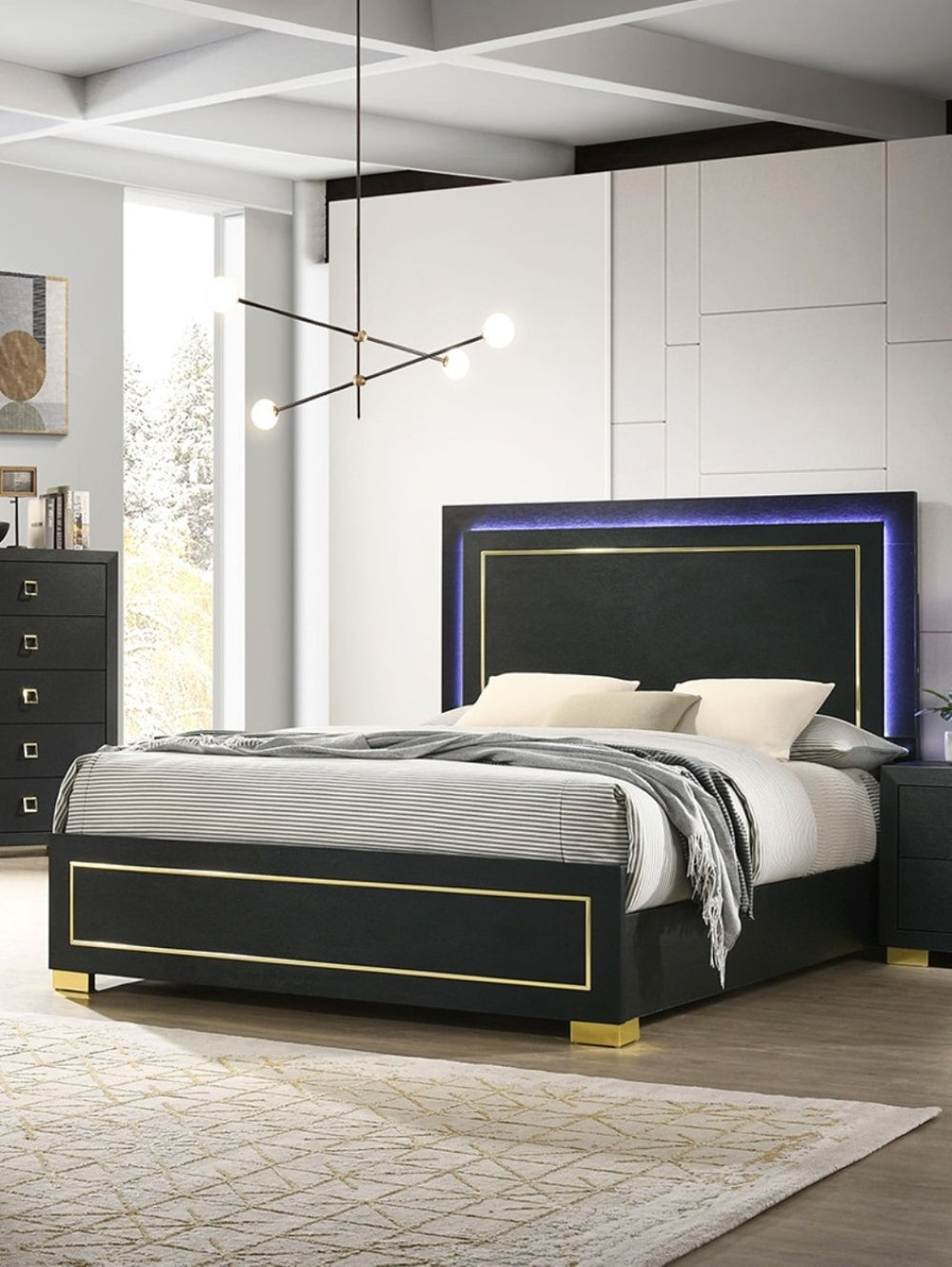 English Elm Black Queen Platform Bed with Led Headboard Gold Trim and Angled Metal Legs B2741S00151