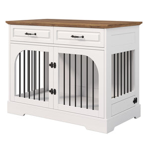 English Elm 43.3" Farmhouse Mdf Dog Crate Console with Drawers and Rotating Bowls for Large Breeds N704P414580A