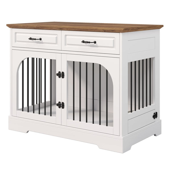 English Elm 43.3" Farmhouse Mdf Dog Crate Console with Drawers and Rotating Bowls for Large Breeds N704P414580A