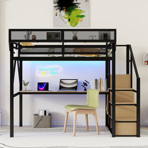 English Elm Full Loft Bed with Desk and Charging Station, Metal Loft with Stairs, Wardrobe, Shelves & Light Black W2580S00047