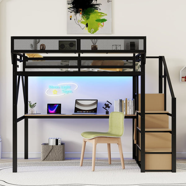 English Elm Full Loft Bed with Desk and Charging Station, Metal Loft with Stairs, Wardrobe, Shelves & Light Black W2580S00047