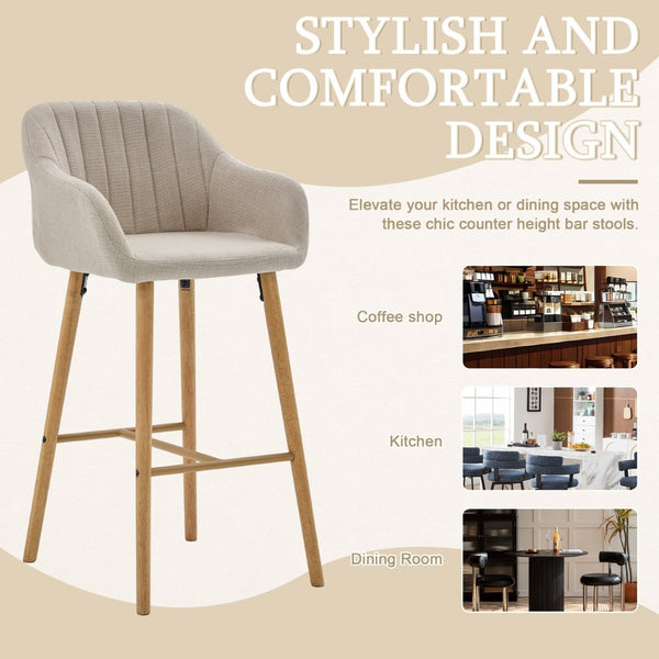English Elm Modern Linen Upholstered Barstools with Oak Legs Armrests and Footrest for Kitchen Islands Beige W395P396313