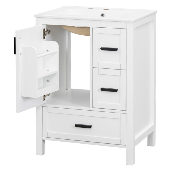 English Elm Modern 24 Inch Bathroom Vanity Solid Wood Cabinet with Ceramic Sink and Soft Close Storage White N729P292859K