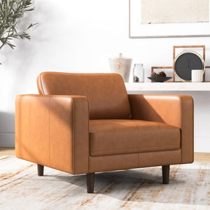 English Elm Ashcroft Furniture - Catherine Mid-Century Modern Tan Genuine Leather Lounge Chair with Walnut Legs, Solid Wood Frame, Cozy Support (40"x40") B183P231828