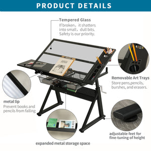 English Elm Hand tempered glass drafting table with hand crank lift, adjustable 0–70° tilt, drawers, stool, storage Black W347P369727