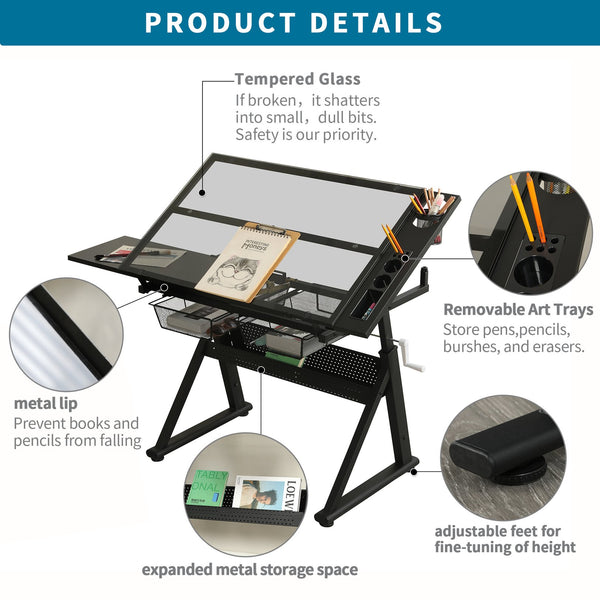 English Elm Hand tempered glass drafting table with hand crank lift, adjustable 0–70° tilt, drawers, stool, storage Black W347P369727