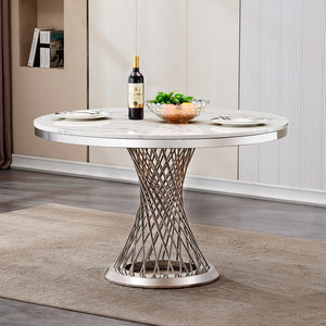 English Elm 47" Round Marble Dining Table - Modern High Gloss Faux Marble Top & Stainless Steel Base, Easy Care W3456S00001
