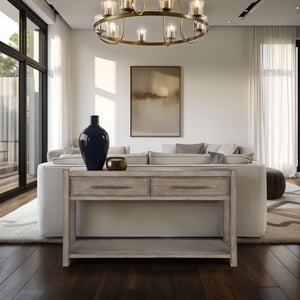 English Elm 54 54 inch Console Table White Oak Finish, Solid Oak Craft, Rubbed Bronze Pulls, Drawers & Shelf Ready to Use B108P163865