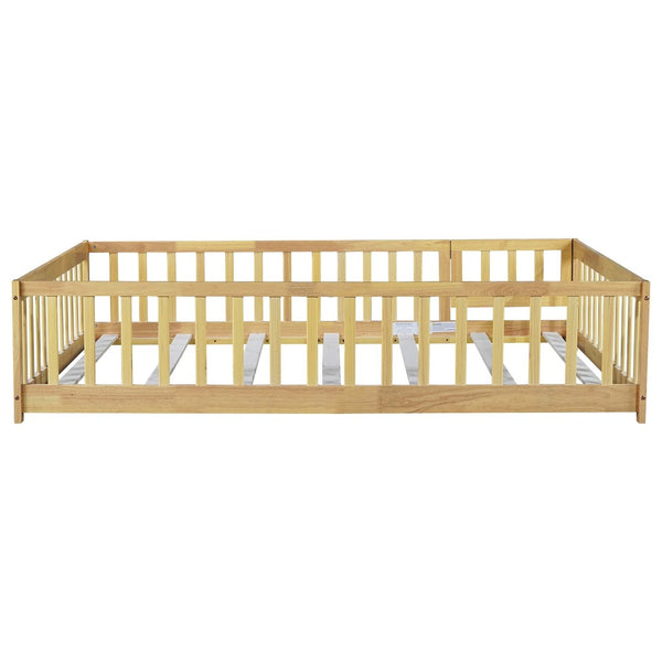 English Elm Twin Size Rubberwood Floor Bed with Safety Fence for Toddler Rooms Natural Finish W504P370533