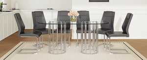 English Elm Table and Chair Set Oval Glass Top Twin Column Base with Six Pu Leather Seats Dark Gray,Silver,Transparent W1151S04734