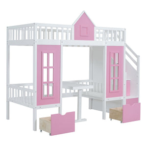 English Elm Twin-over-twin Bunk Bed Convertible Lower Desk Solid Pine Kids Bedroom Space Saver LT000681AAH-1