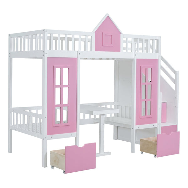 English Elm Twin-over-twin Bunk Bed Convertible Lower Desk Solid Pine Kids Bedroom Space Saver LT000681AAH-1