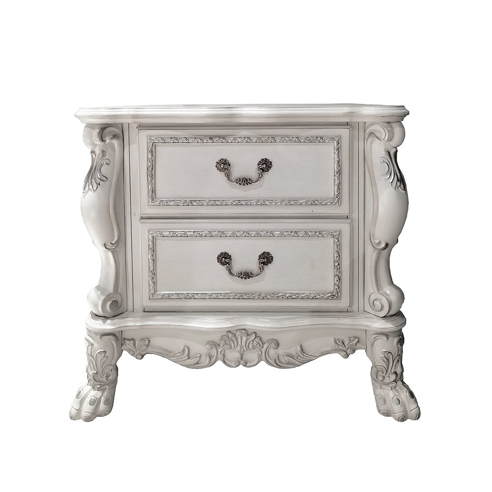 English Elm 2-Drawer Poplar Wood Nightstand Bone White Finish — Hand-Rubbed Layers, Carved Details, Ample Storage for Master Bedroom B016P261565
