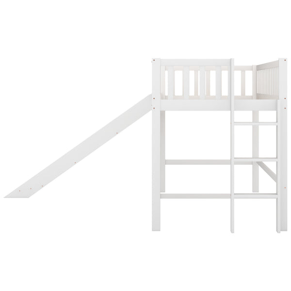 English Elm Twin Low Loft Bed with Slide and Ladder — Space-Saving Pine & MDF Frame, Quiet Durable Design White WF286078AAK