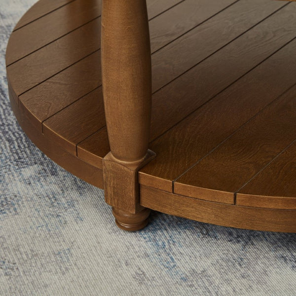 English Elm Large Round Tufted Ottoman Coffee Table with Wood Shelf for Living Room Lounge Linen W2186P212194