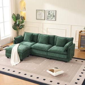 English Elm Beige Chenille Sectional Sofa with Modular Ottoman for Living Room or Studio Dark Green W2603S00004