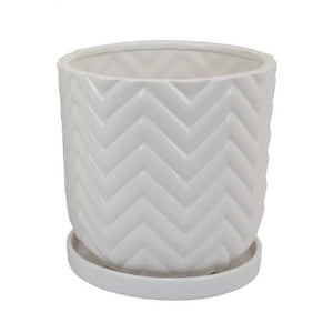 English Elm Camie White Ceramic Planter Duo with Saucers Chevron Texture Glossy Finish Indoor B056P417015