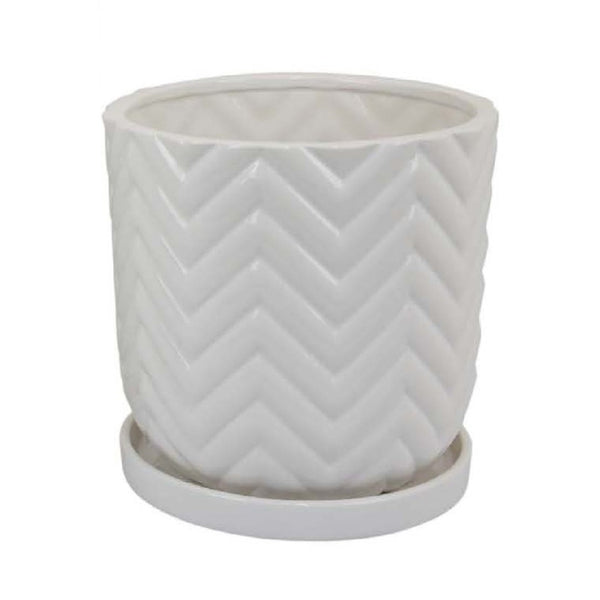 English Elm Camie White Ceramic Planter Duo with Saucers Chevron Texture Glossy Finish Indoor B056P417015