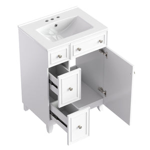 English Elm 24-Inch Bathroom Vanity Cabinet with Ceramic Sink, Space-Saving Storage, Solid Wood Feet, Durable Finish White WF532034AAK