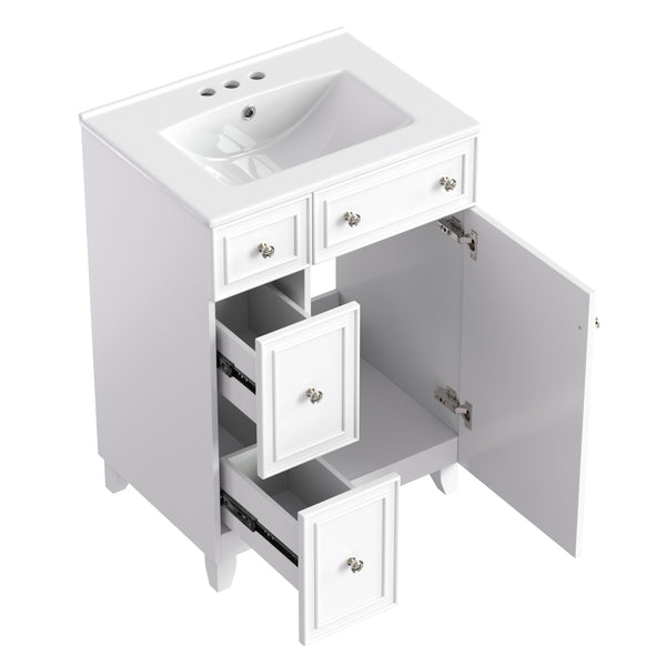 English Elm 24-Inch Bathroom Vanity Cabinet with Ceramic Sink, Space-Saving Storage, Solid Wood Feet, Durable Finish White WF532034AAK