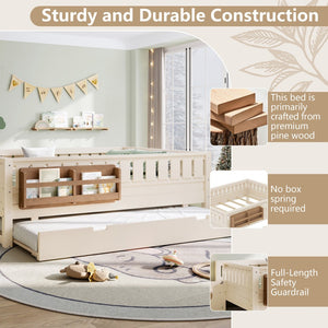 English Elm Twin Kids Platform Bed with Trundle Staircase Bookshelf and Rounded Safety Rails Beige W1580S00559