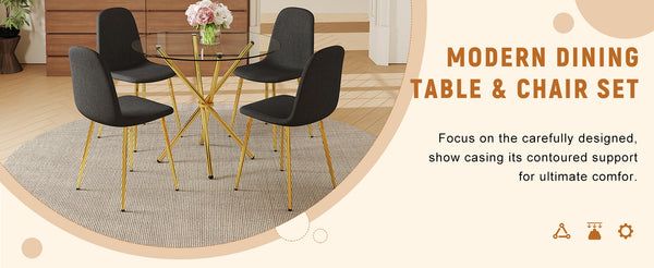 English Elm 4-Piece Modern Luxe Dining Set: 36.6'' Round Glass Table & Black-Gold Chairs For Stylish Spaces W1151S03682