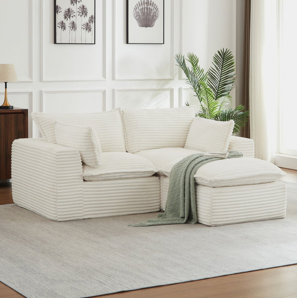 English Elm Loveseat Cloud Couch Corduroy Upholstered Modular Sofa for Relaxed Living Room Lounging White W2339S00143