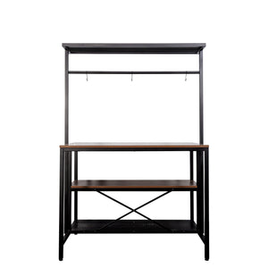 English Elm kitchen Island Table 3-Tier Bakers Rack with Microwave Shelf, Wood Grain Top, Metal Frame, Hooks & Stools Storage W331S00183