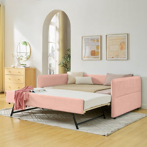 English Elm Full Size Boucle Daybed with Pop up Trundle Tufted Upholstered Sofa Sleeping Pink W1413S00175
