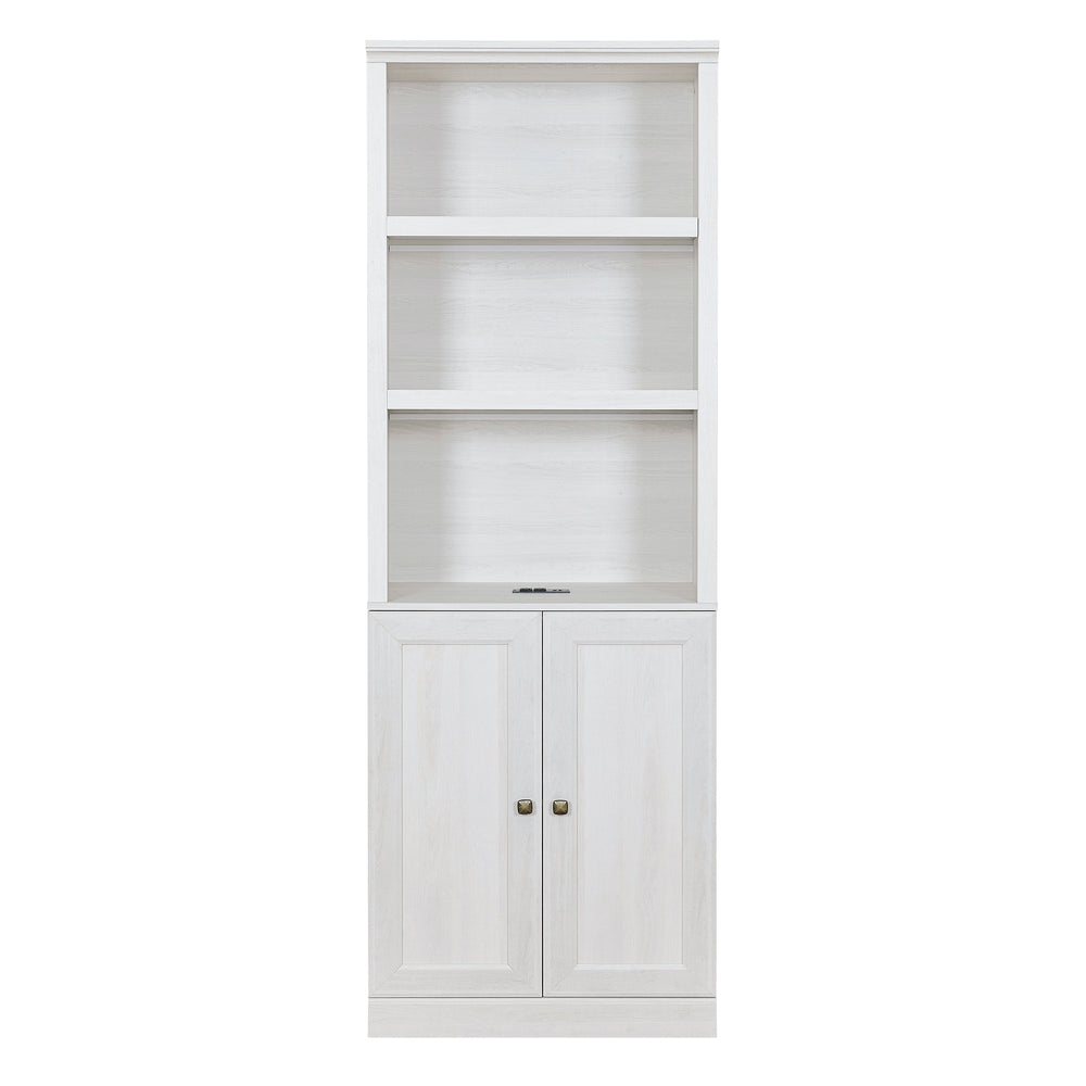 English Elm 1 Doors Bookshelf with USB Port and 3 Open Shelves — Space-Saving Storage Cabinet, Sturdy MDF Design Rustic White 50.59 L x 21.06 W x 10.63 H WF531476AAK