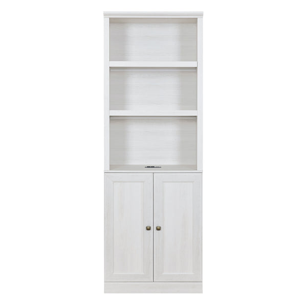 English Elm 1 Doors Bookshelf with USB Port and 3 Open Shelves — Space-Saving Storage Cabinet, Sturdy MDF Design Rustic White 50.59 L x 21.06 W x 10.63 H WF531476AAK
