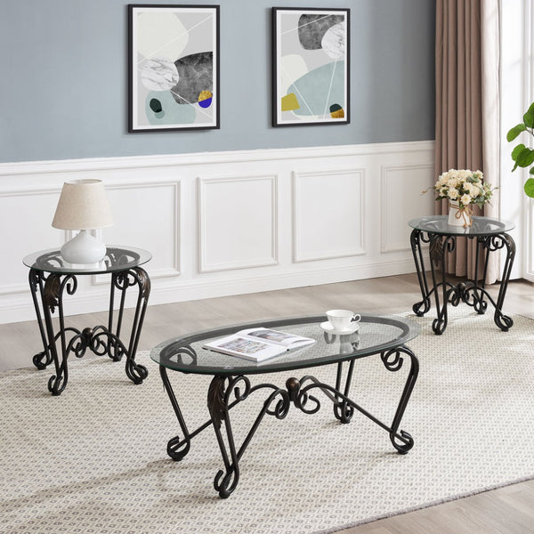 English Elm Tempered Glass Nesting Coffee Table Set Three Piece Elliptical Metal Living Room D665098815