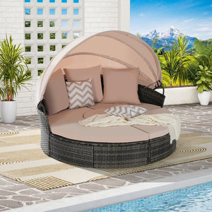 English Elm 5 Piece Outdoor Wicker Daybed Set with Retractable Canopy and Quick Dry Cushions Beige W874S00036