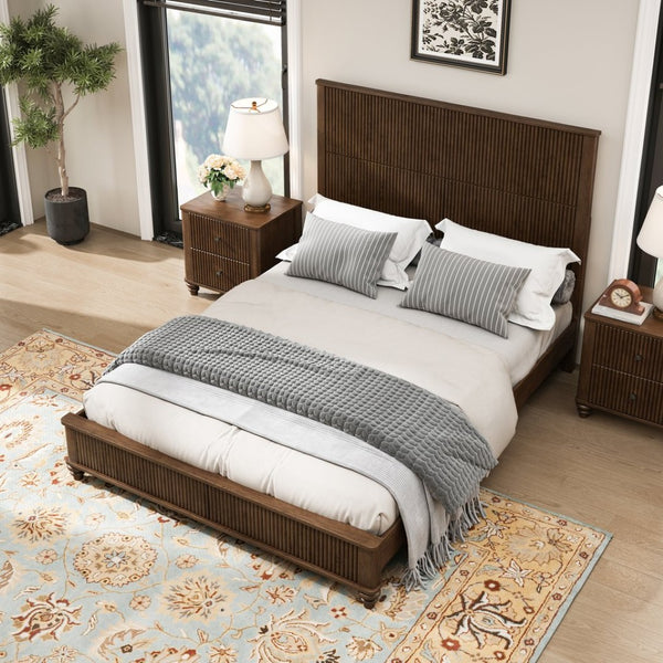 English Elm Solid Rubberwood Queen Platform Bed Tall Headboard Natural Grain No Box Spring W1716S00015