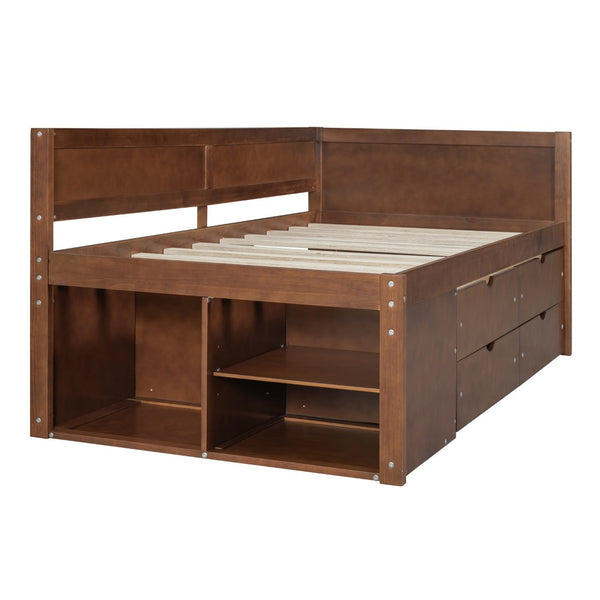 English Elm Twin Daybed with Two Pull Out Drawers and Open Shelves for Small Bedroom Storage Walnut LP102022AAD