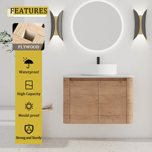 English Elm 30'' Wall-Mounted Bathroom Vanity With Ceramic Vessel Sink & Soft-Close Doors For Modern Spaces W999S00387