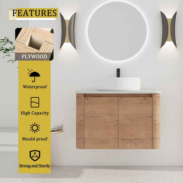 English Elm 30'' Wall-Mounted Bathroom Vanity With Ceramic Vessel Sink & Soft-Close Doors For Modern Spaces W999S00387