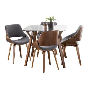 English Elm Dining Set with Tempered Glass Top Walnut Metal Legs and Blue Upholstered Seating B202S01425