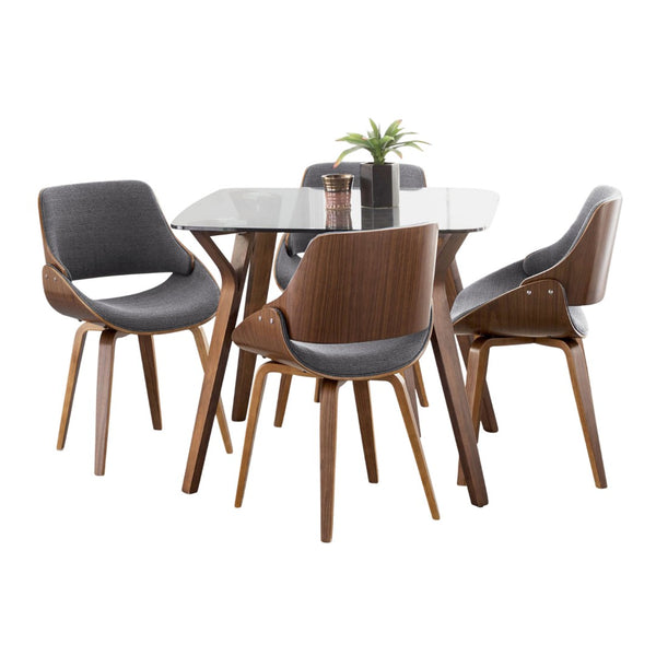 English Elm Dining Set with Tempered Glass Top Walnut Metal Legs and Blue Upholstered Seating B202S01425
