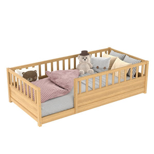 English Elm Twin Montessori Floor Bed Solid Pine Frame with Safety Fence Door for Kids Play Space Natural W1858P382399