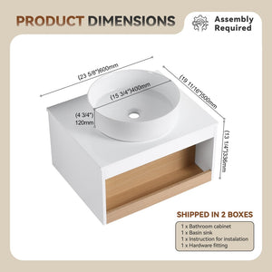English Elm 24" Floating Oak Plywood Bathroom Vanity Set with Glossy Resin Sink Scandinavian Style W3450S00051