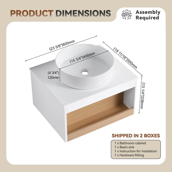 English Elm 24" Floating Oak Plywood Bathroom Vanity Set with Glossy Resin Sink Scandinavian Style W3450S00051