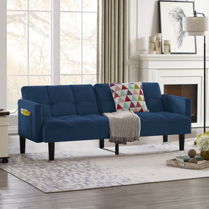 English Elm Velvet Convertible Futon Sofa Bed with Adjustable Back, Plush 9" Cushion, Eucalyptus Frame for Apartments Navy Blue W1413P332829