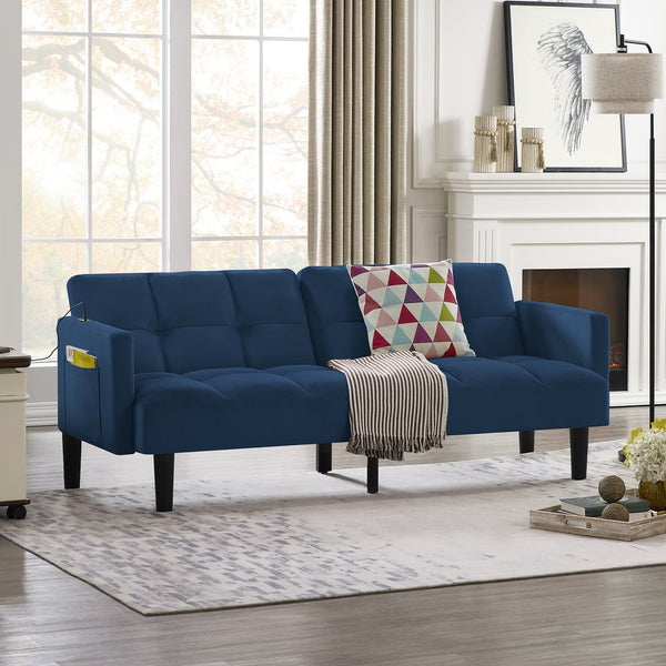 English Elm Velvet Convertible Futon Sofa Bed with Adjustable Back, Plush 9" Cushion, Eucalyptus Frame for Apartments Navy Blue W1413P332829