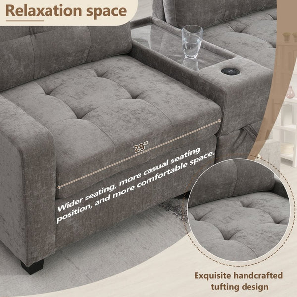 English Elm [new U-shaped Chenille Sectional Six Seat Tufted Couch with Usb Charging Storage Gray N723S1191E