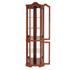 English Elm Corner Curio Display Cabinet with Mirrored Back, Interior Lighting, Adjustable Glass Shelves, Elegant Finish Walnut W1693P171662