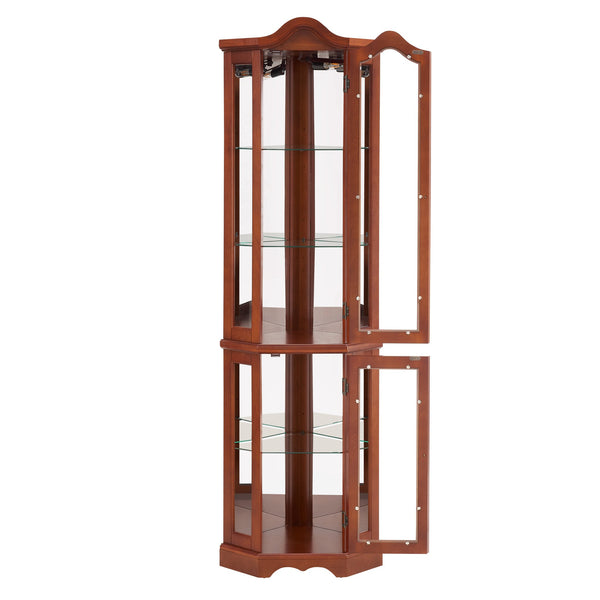 English Elm Corner Curio Display Cabinet with Mirrored Back, Interior Lighting, Adjustable Glass Shelves, Elegant Finish Walnut W1693P171662