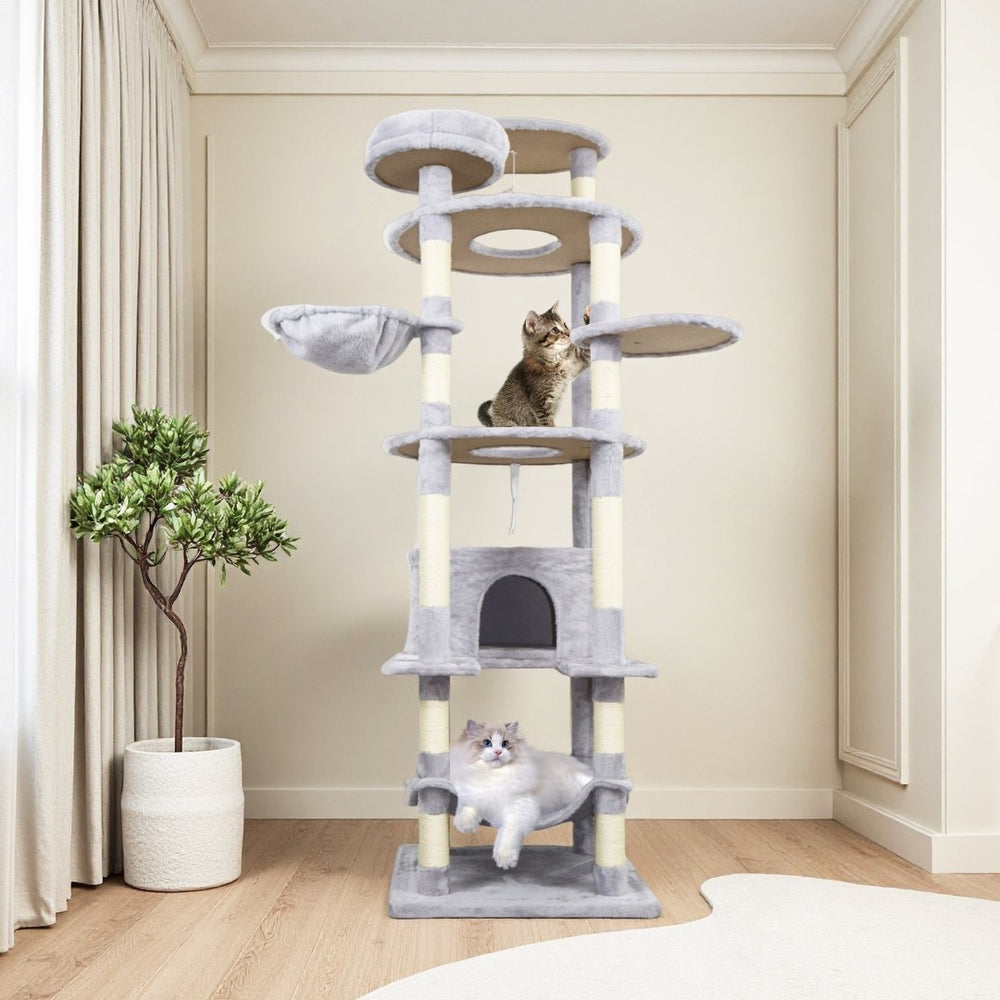 English Elm 71 Inch Floral Cat Tower with Condo Hammock Sisal Posts and Plush Perches for Large Breeds Light Gray W243P326647