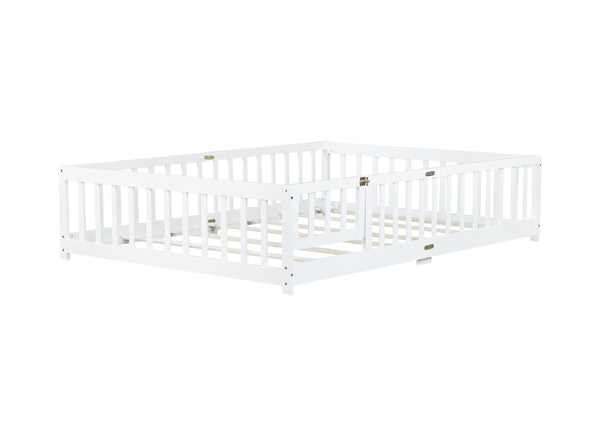 English Elm Full Size Floor Bed With Safety Guardrails & Convenient Door, Eco-Friendly Rubberwood Design In White W504P286379